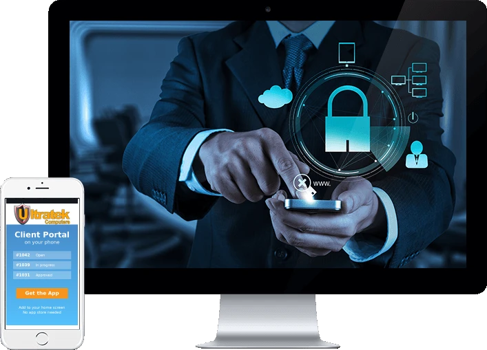 The Ultratek client portal on a desktop monitor and a mobile phone